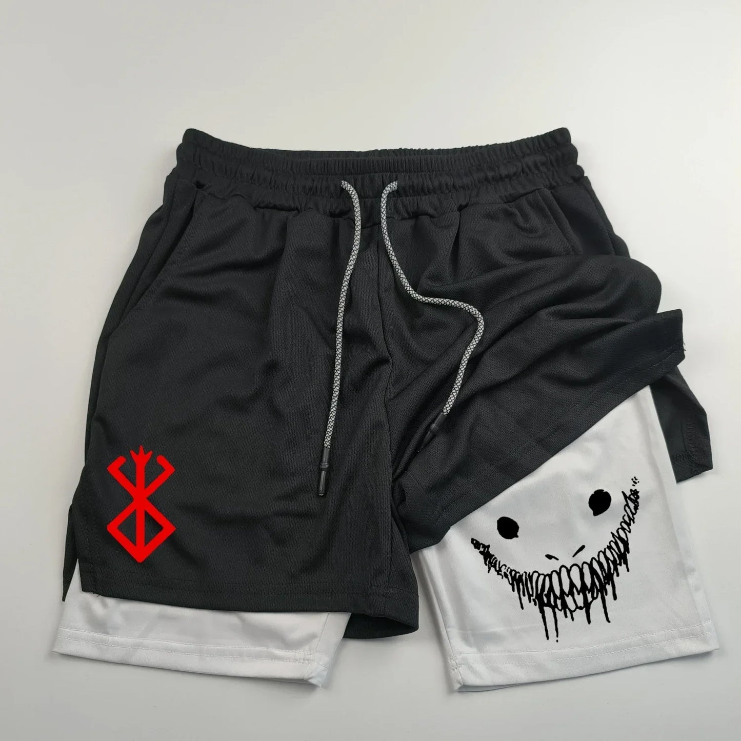 Anime Berserk Running Shorts Men Fitness Gym Training 2 in 1 Sports Shorts Quick Dry Workout Jogging Double Deck Summer