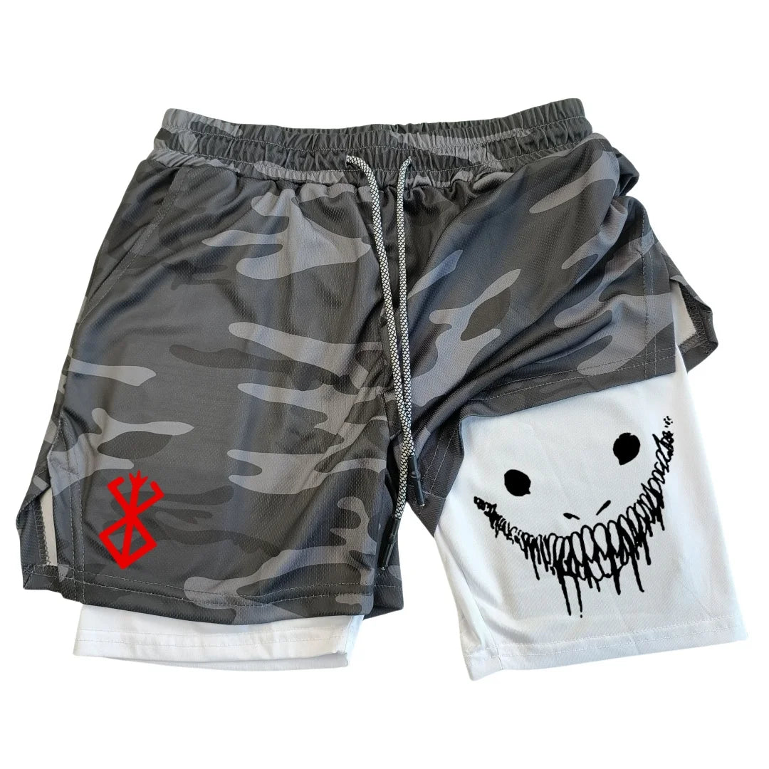 Anime Berserk Running Shorts Men Fitness Gym Training 2 in 1 Sports Shorts Quick Dry Workout Jogging Double Deck Summer