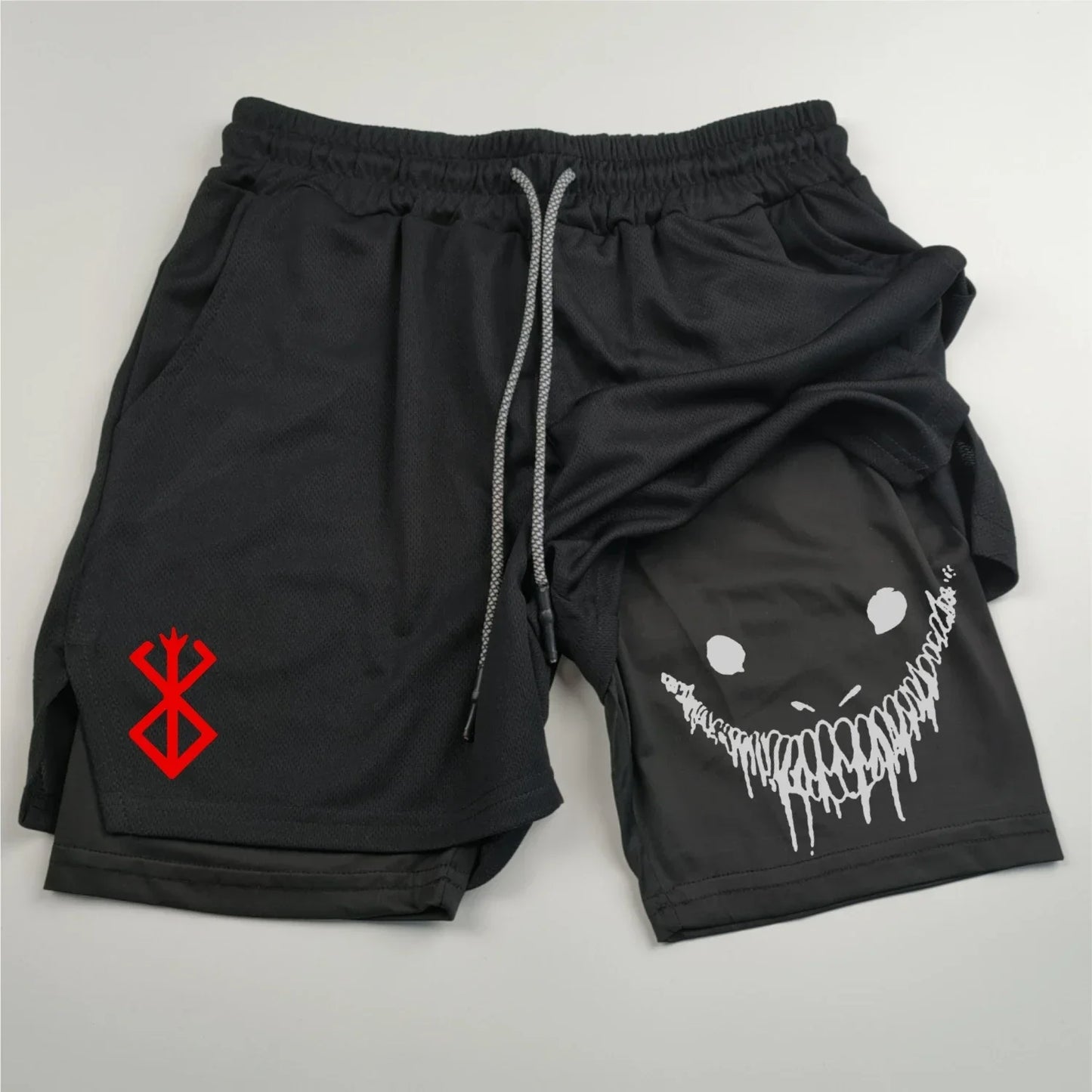 Anime Berserk Running Shorts Men Fitness Gym Training 2 in 1 Sports Shorts Quick Dry Workout Jogging Double Deck Summer